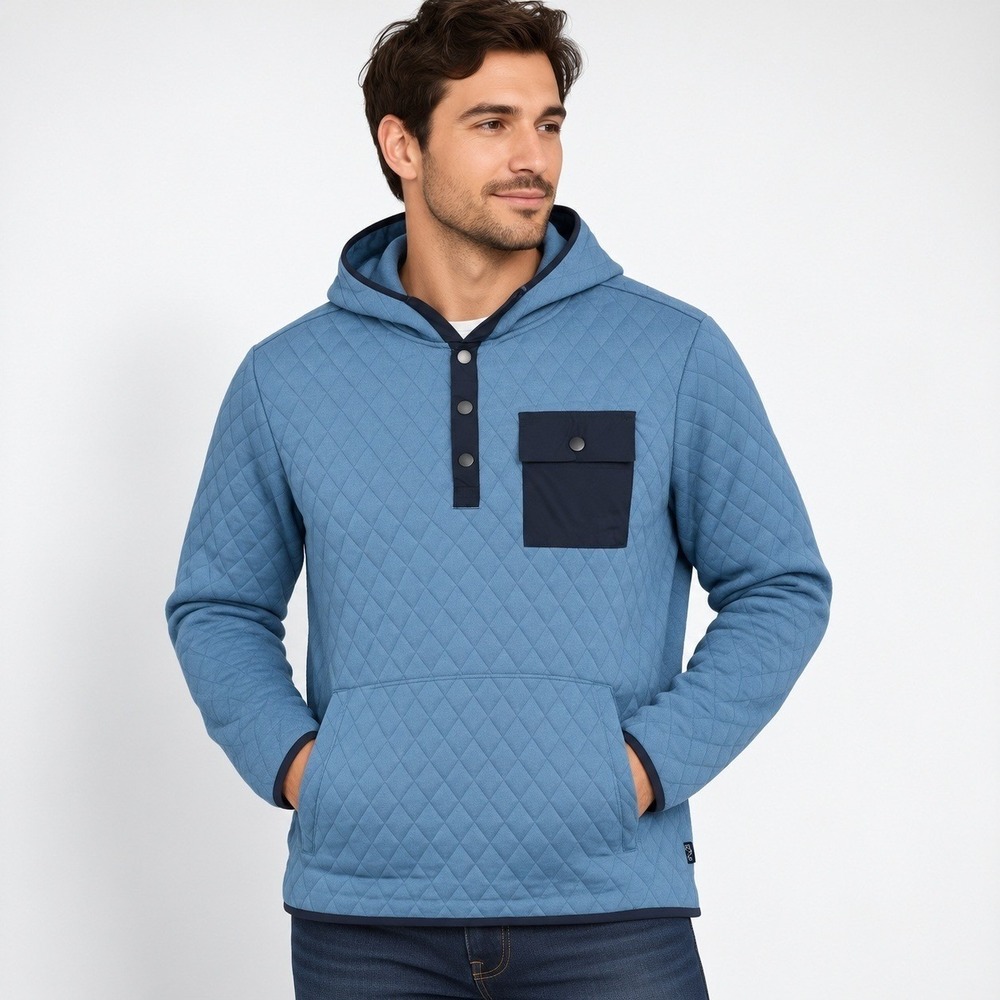 Mountain and Isles Quilted Hoodie Mens Medium Blue Snap Neck Pullover Pocket NWT